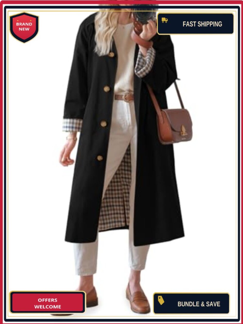 Women's Oversized Windproof Trench Coat 100% Polyester Button Front